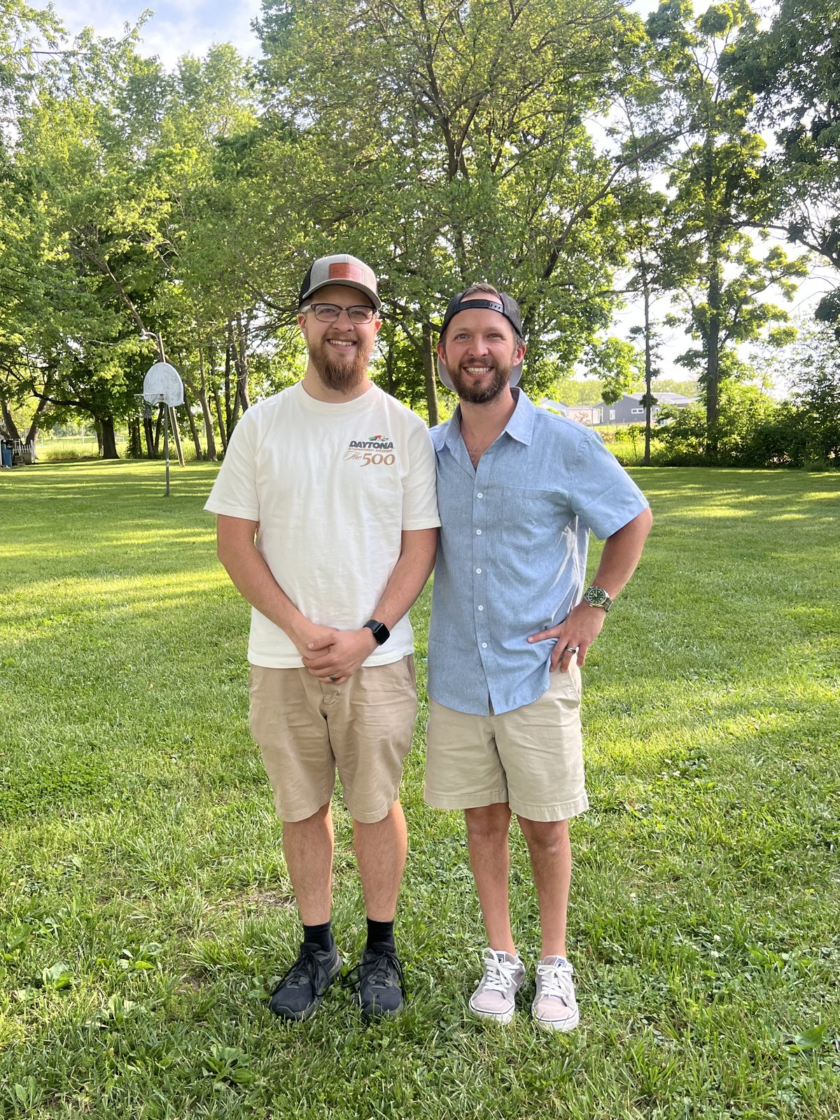 Dillion and Kyle, the two brothers behind Little Drum Co., outside the workshop in Fort Wayne, Indiana